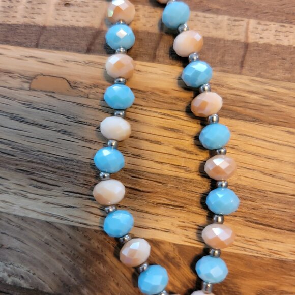 Y Pendant Necklace Blue/White Beads Large Golden Disc Leather Cord - Picture 5 of 14